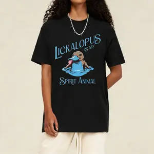 Cartoon Lickalotapus Print Round Neck Tee, Regular Fit Casual Short Sleeve T-shirt, Summer Top for Daily Wear, Tropical, Casual Style Tee