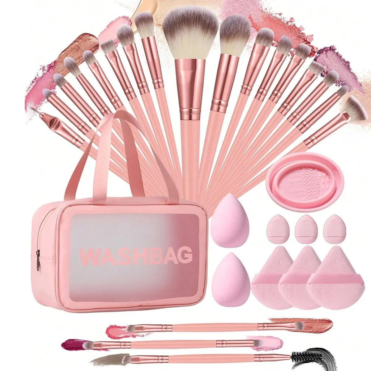 Daily Makeup Brush Set with Compact Storage Bag, Waterproof Multi-Functional Zipper Toiletry Bag, Triangle Powder Puffs, Mini Cushion Powder Puffs, Brush Cleaner for Smoothing, Blending Flawless Makeup Looks