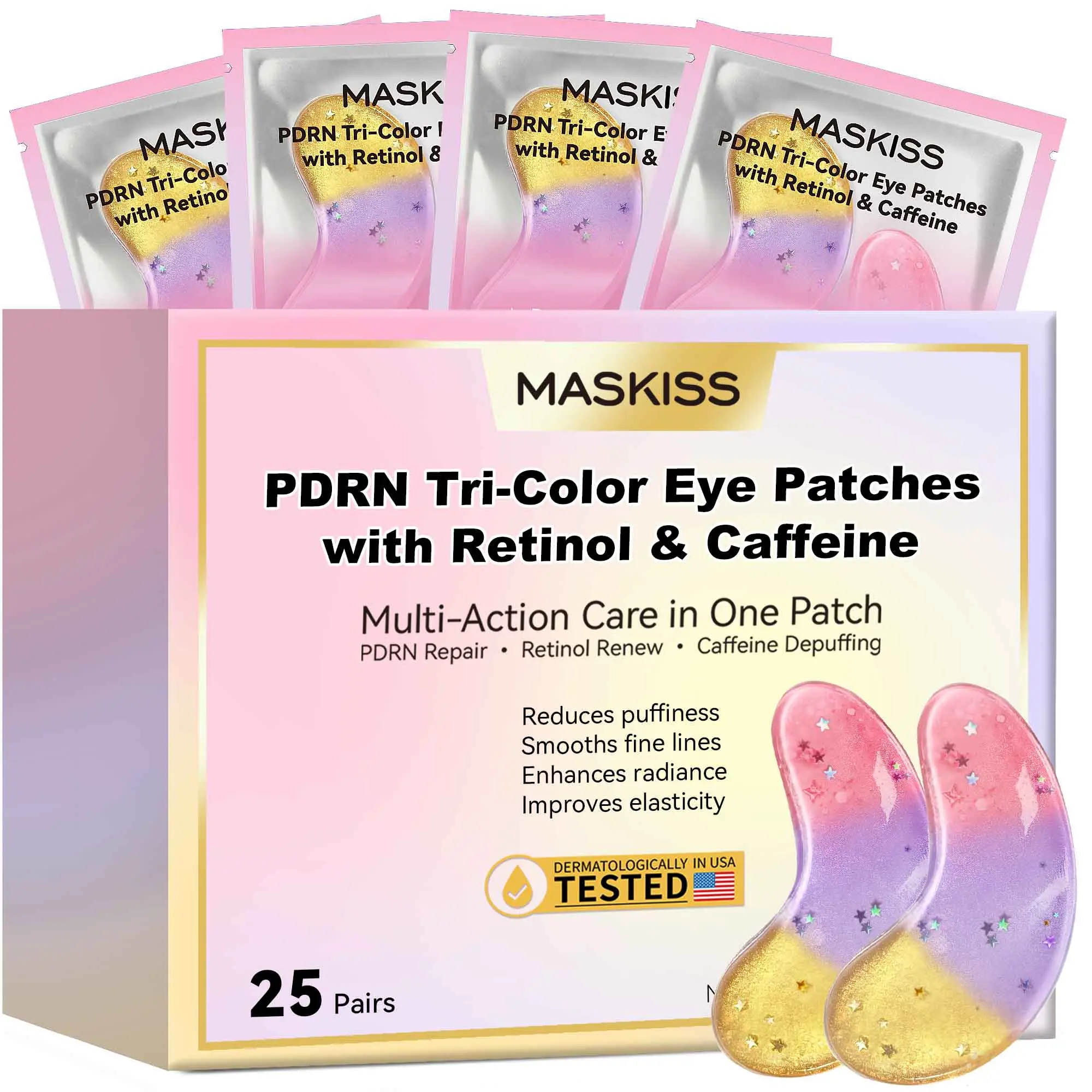 MASKISS Under Eye Patches – PDRN + Retinol + Caffeine Eye Mask for Dark Circles, Puffiness & Fine Lines | Tri-Color Hydrogel | 25 Pairs