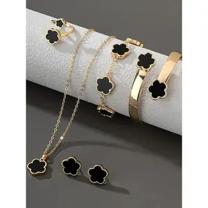 Flower Design Jewelry Set, Elegant Necklace & Cuff & Link Bracelets & Cuff Ring & Stud Earrings, Fashion Accessories for Women & Girls,Jewellery Gift Set for Birthday Gift, Trendy All-match & Exquisite Jewelry Set