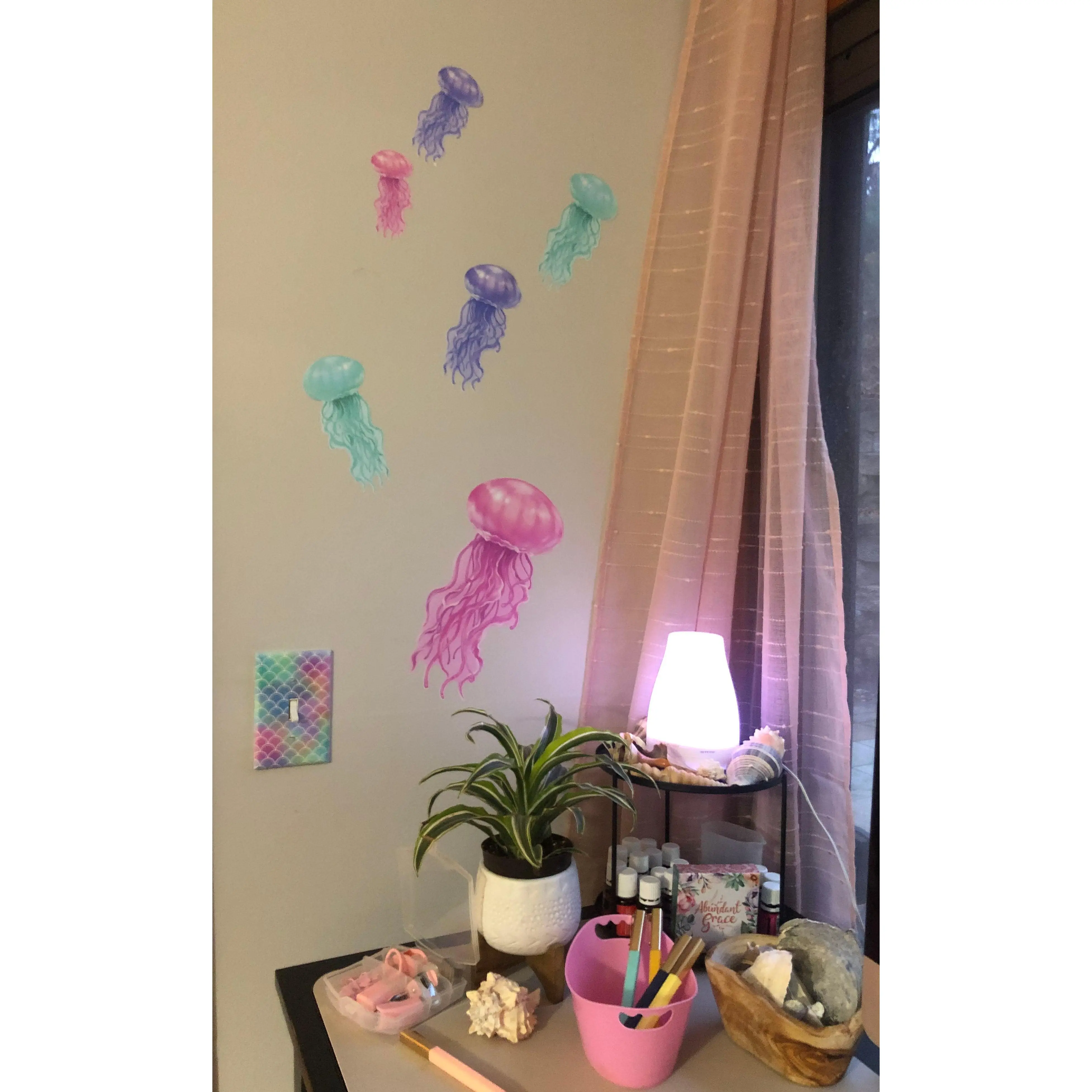 Jelly Fish Wall Decal & Mermaid Scale Room Decor Pastel Vinyl Peel & Stick for Girls Boys Toddler Bedroom Bathroom Playroom Decorative Stickers