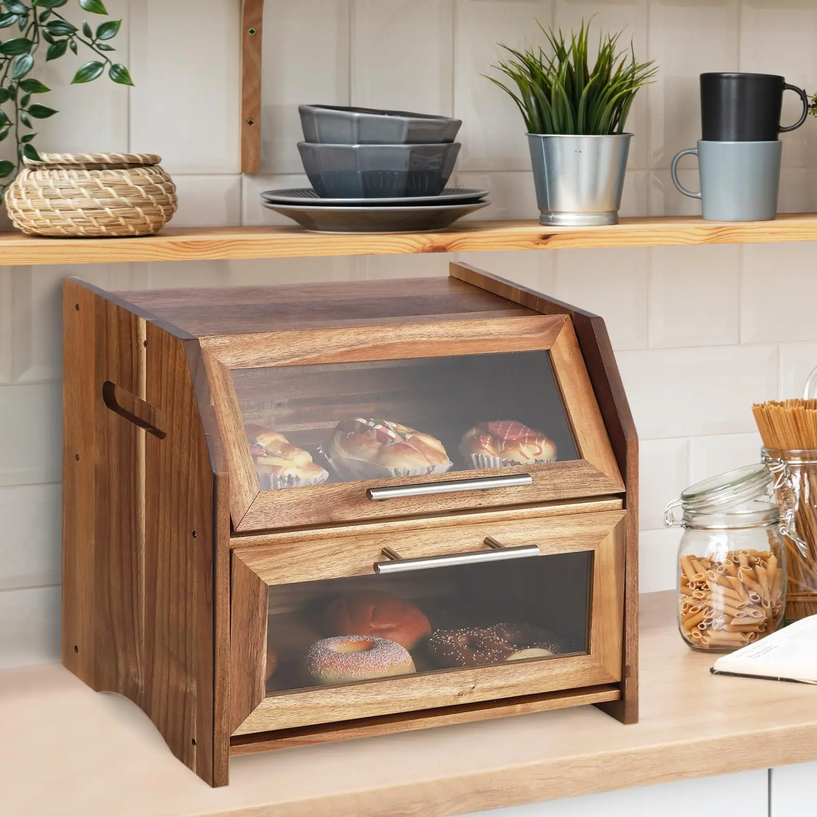 Brown & Silver Double-Layer Wooden Bread Box with Metal Rack, Compact Kitchen Food Storage Container with Acrylic Door, Air Vents, Rustic Natural Grain Countertop Organizer for Homemade Bread, Bagels, Muffins