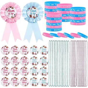 74pcs Baby Gender Reveal Party Favors Supplies Ideas, Team Boy or Girl Pins, Daddy & Mommy Badge Pin, Silicone Bracelet, Photo Prop Necklace, Baby Shower Favor Pink Blue Gender Reveal Decor Game