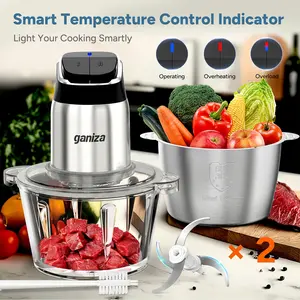 Ganiza Food Processor with 8 Cup Glass Bowls & 8 Cup Stainless Steel 2-Speed Food Chopper Meat Grinder  Upgraded Button & Smart Overheat Protection Light - Includes Clean Brush 2 Sets of Blades Kitchen Vegetable Slicer Vegetable Cutter Kitchen Appliances