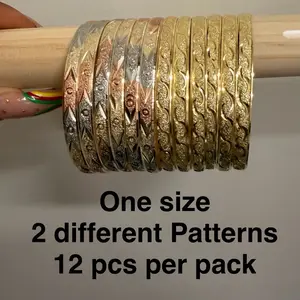 12 pcs  One size 2 different Mix Patterns GOLD/TRI  12 pcs per pack Patterns 22 k diamonds  cut Bangle Bracelets for Women Fashion Jewelry Accessories mix patterns packs