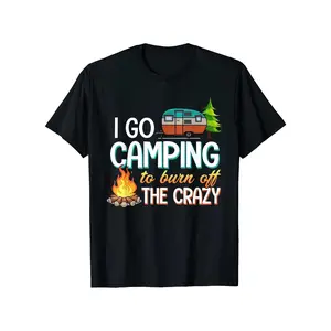 Vintage Camping Graphic Tee - Funny 'I Go Camping to Burn Off the Crazy' Saying with Retro Van Design, Soft Breathable Cotton Shirt for Men & Women, Perfect for Road Trips & Outdoor Adventures