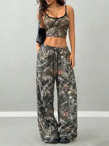 Women's Lace Backless Camisole Top & Wide Leg Pants Set, Casual Fitted Knit Fabric, All-Season Wear, Comfortable Fashion, Home Use