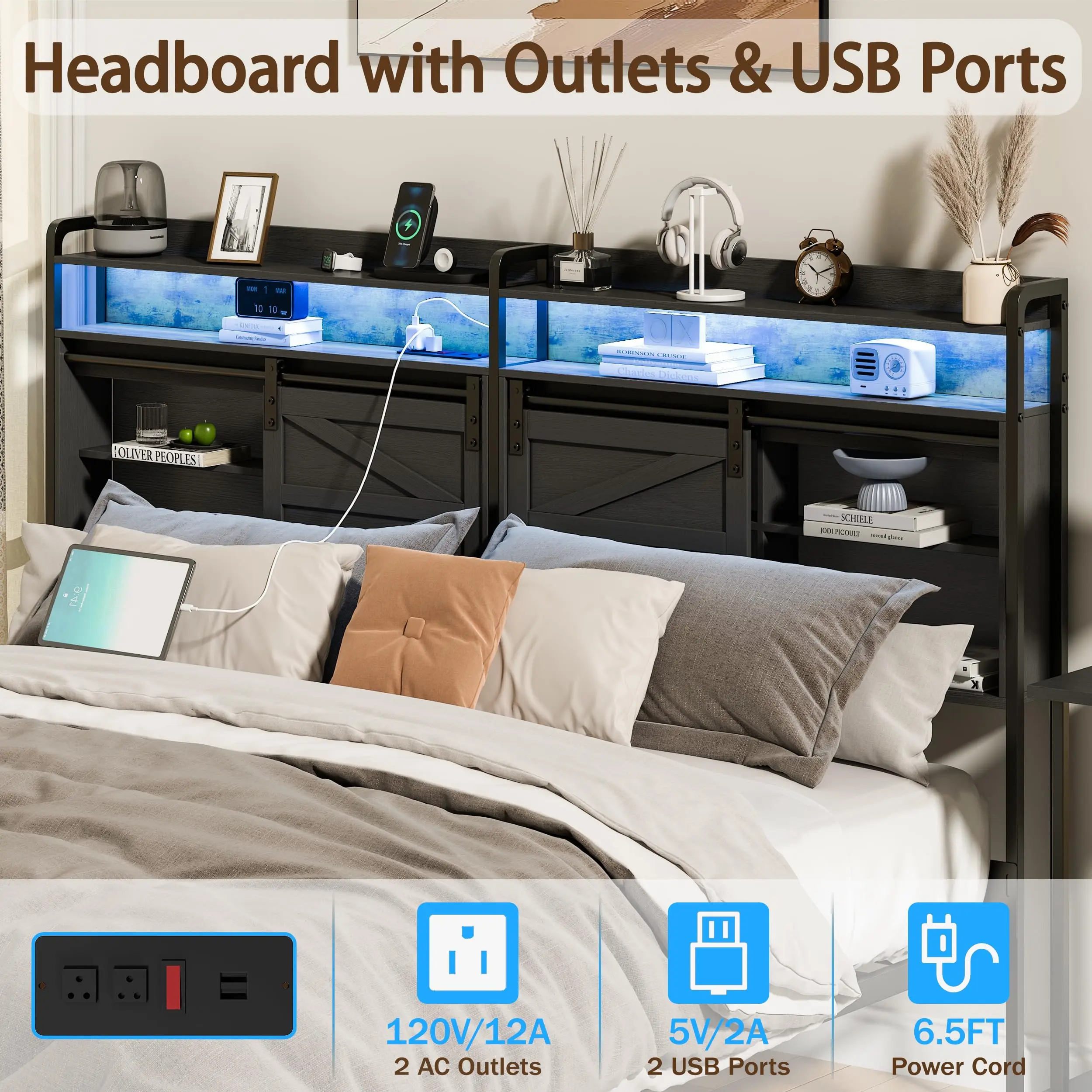 wanan Headboard Queen Size, 3 Tier Storage Headboard with Outlets, USB Ports and LED Light, Queen Headboard Only with Sliding Barn Doors, Width Adjustable, Queen Headboard for Queen Size Beds