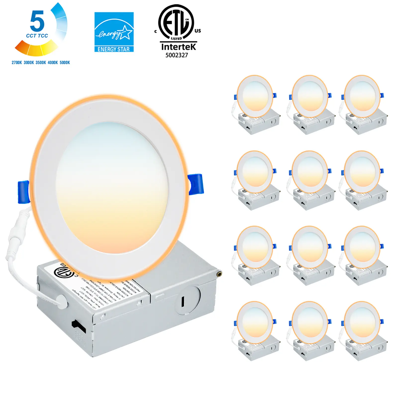 6in 12 Pack Ultra-Thin Recessed Ceiling Downlights Dimmable 5CCT Adjustable LED Night Light for Living Room IC Rated 12W 1050lm Energy-Saving Decorative Installation