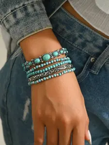 Western Cowboy Style Vintage Faux Turquoise Beaded Stackable Bracelet Set, 5 Pcs Elastic String Jewelry for Men & Women, Boho Retro Wrist Accessories for Daily Wear Party Holiday Gifts