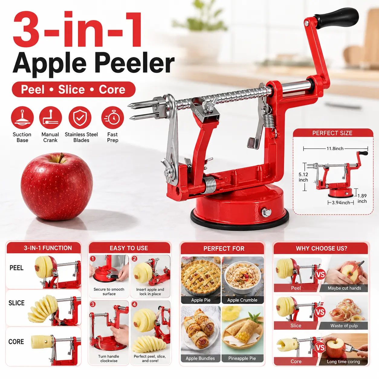 3-in-1 Apple Peeler, Slicer & Corer with Suction Base, Manual Stainless Steel Fruit Peeling Machine for Apples and Potatoes