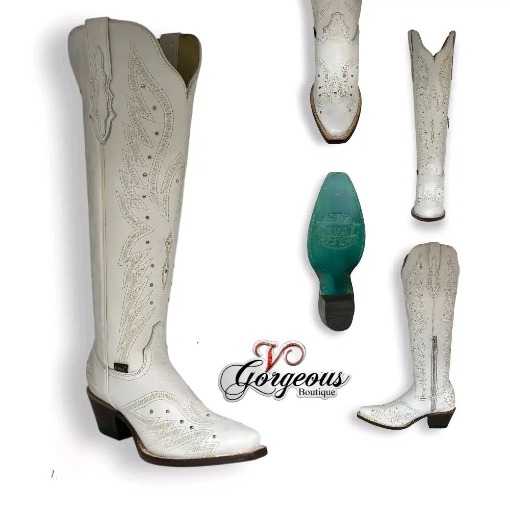 Gorgeous Boutique Women's Western Boots - White Cowboy Style with Detailed Embroidery and Green Outsole
