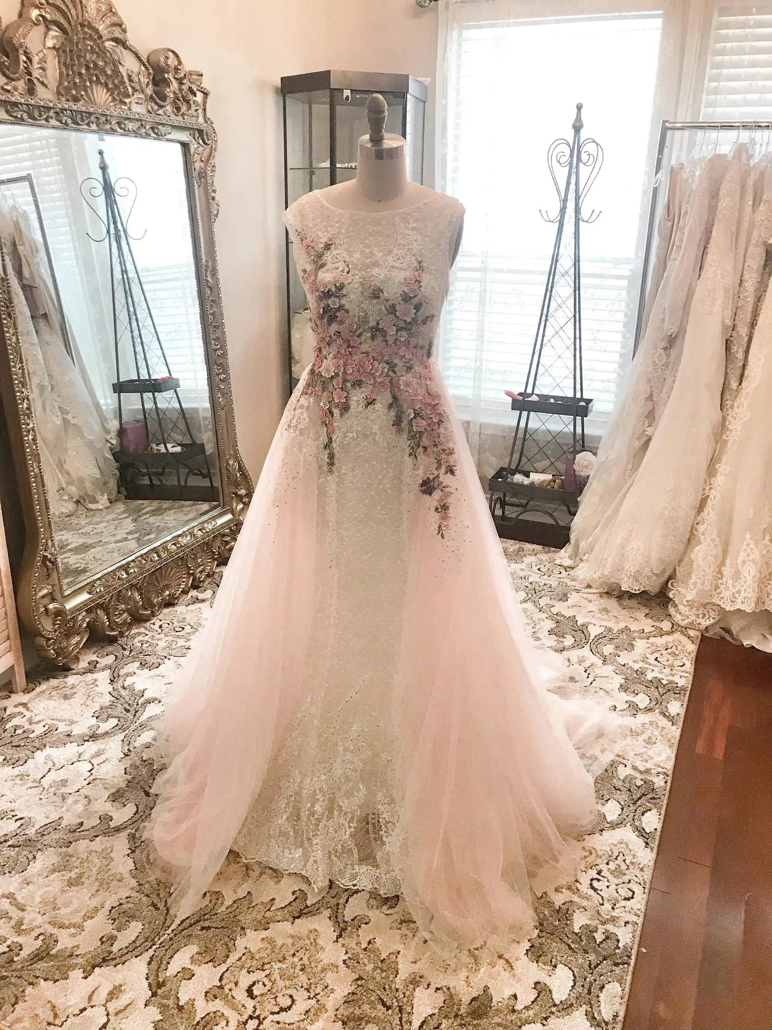 Women's A-Line Tulle Wedding Gown - Sheer Bateau Neck, Sleeveless, Colorful Beaded Floral Lace, Blush Chapel Train, Zipper Back, Rhinestones, Standard Sizes, Made To Order