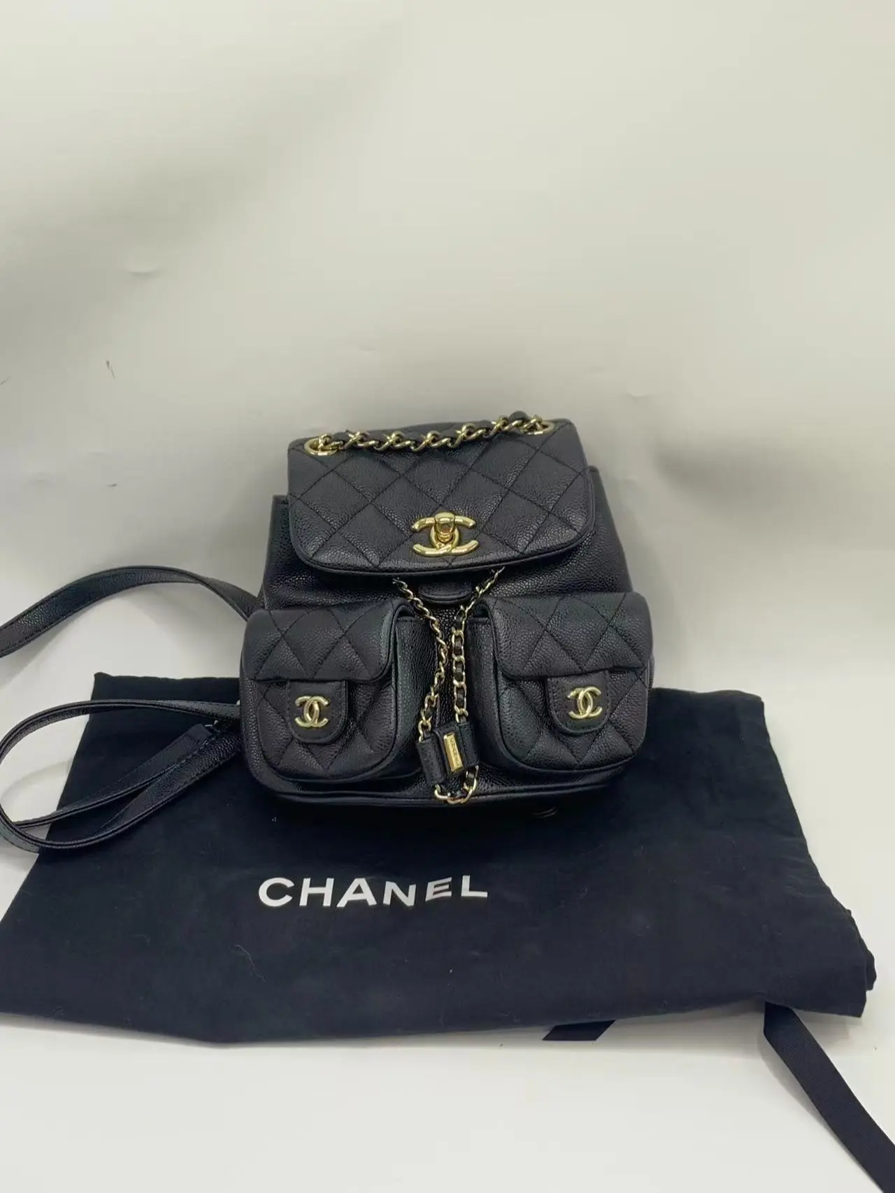 Pre-owned CHANEL Women's Small Duma Frog Backpack Bags Black Calfskin Leather, Light Gold Hardware, Chip Version 2024, Includes Dust Bag.【From She's Luxury】