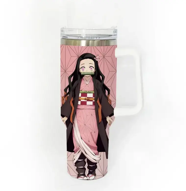 [Anime Demon Style] Nezuko Inspired Tumbler 40oz 20oz With Handle, Pink Demon Girl Artwork Stainless Steel Insulated Travel Cup, Anime Pattern Drinkware Gift For Fans