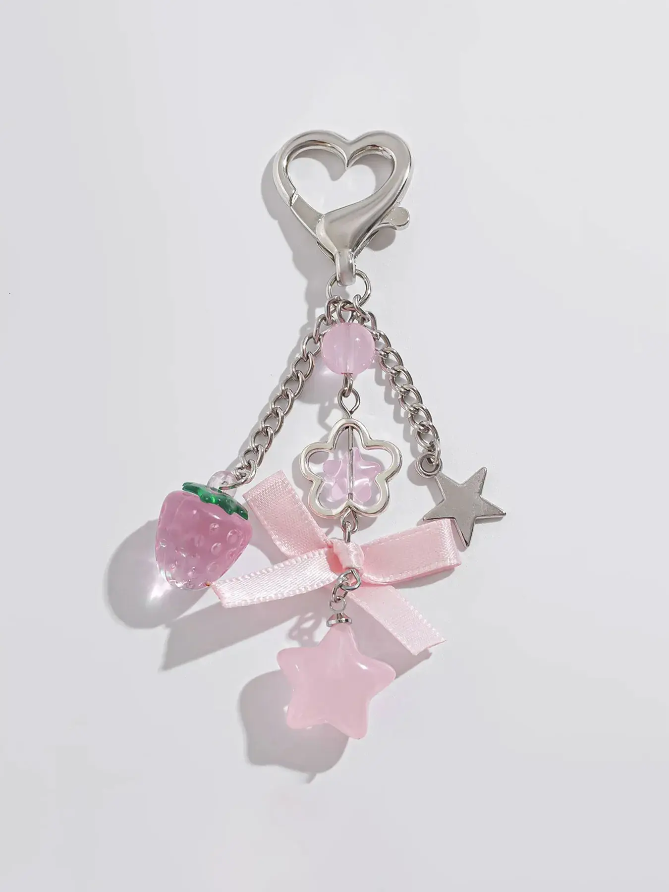 Y2K Cute Bow Strawberry Five Pointed Star Keychain Pendant, Keychain Jewelry, Pink Strawberry Keyring Bag Charm Bowknot Star Flower Tassel Beaded Chain Phone Charm Lobster Clasp Book Bag Womens Backpack Pants Chain Accessories, Keychain For Bags