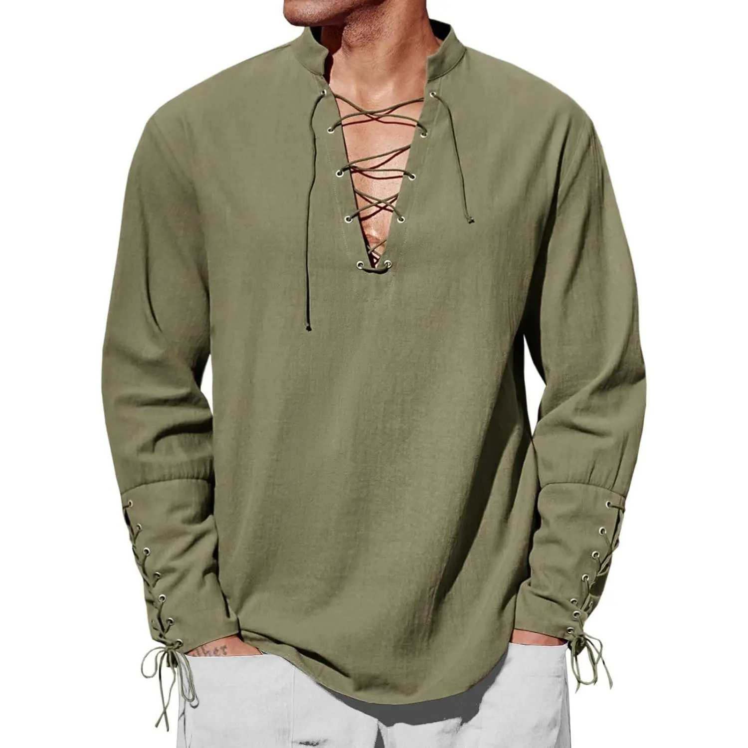 PASLTER Mens Medieval Pirate Shirt Steampunk Renaissance Viking Retro Long Sleeve Lace Up Mercenary Halloween Costume Tops Menswear Clothing