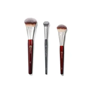 Beauty Flawless Face Makeup Brush Trio - Set of Three Brushes with Wooden Handle and Metal Tip