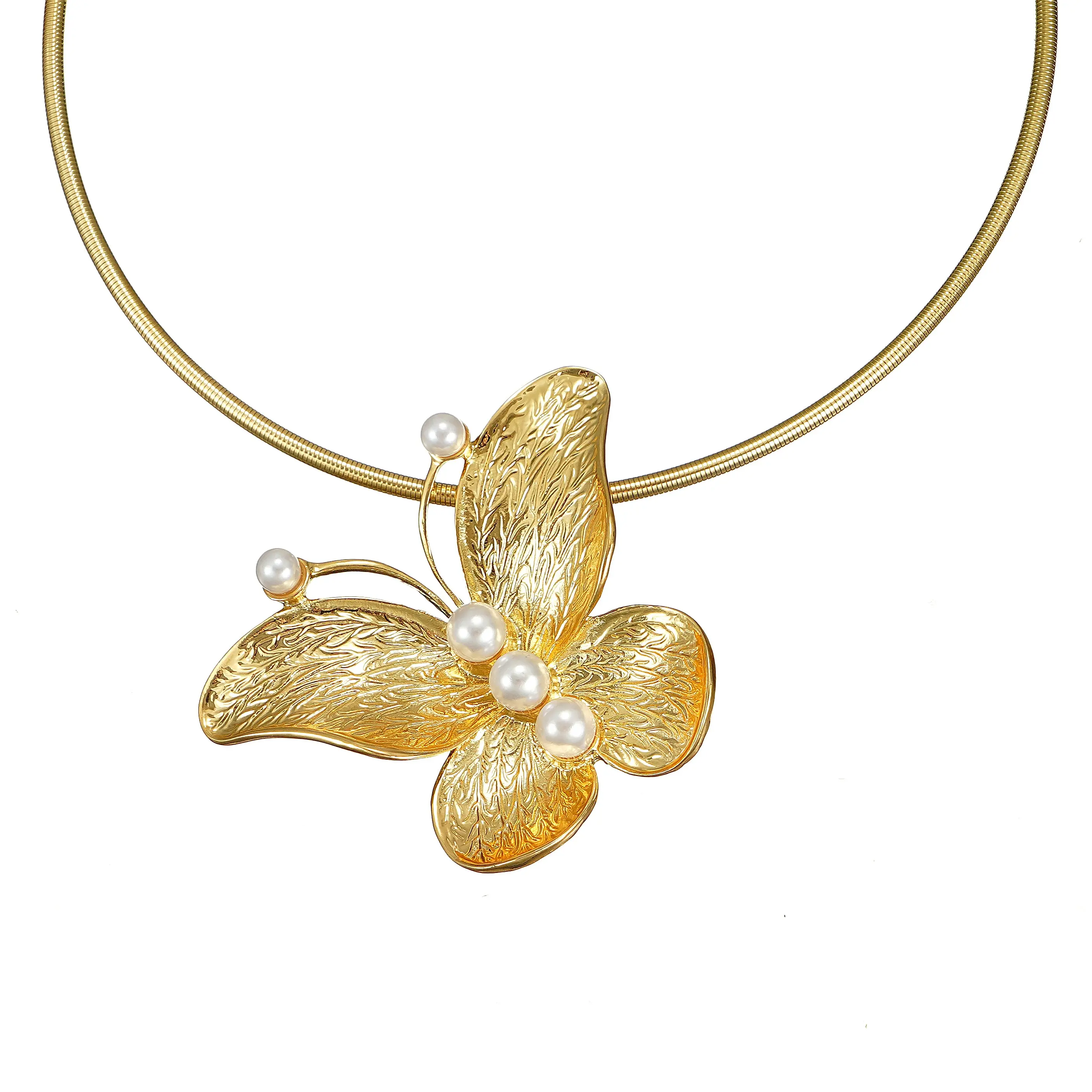 Yellow Gold Over Brass Butterfly and Pearl Collar Necklace - Adjustable Link