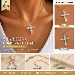 CZ Cross Necklace for Women, Oversized Gold or Silver Plated Statement Pendant, Hypoallergenic for Everyday Wear and Layering