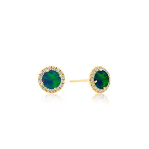MEIRA T: Yellow Gold Opal Diamond Halo Stud Earrings
