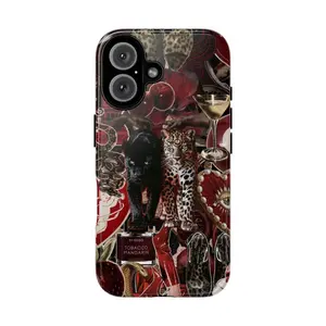 Luxury Aesthetic Tough Phone Case – Leopard & Panther Design with Red Collage, Perfume, Martini, and Glam Vibes Phonecover, Gift