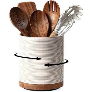 Utensil Holder, 360° Rotating Extra Large Ceramic Kitchen Utensil Holder for Countertop, 7.3“ Cooking Utensil Crocks for Kitchen Counter with Rotatable Wooden Base, Farmhouse Decor, Arctic White