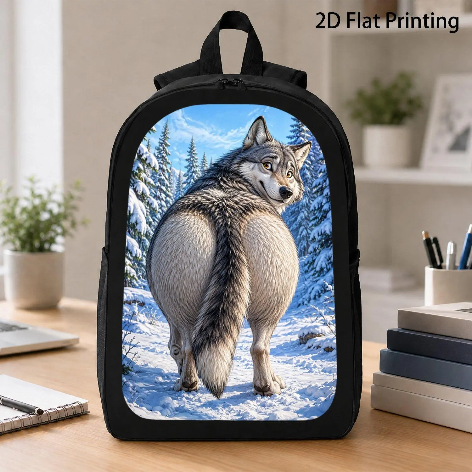 17 Inch Backpack Featuring Gray Wolf Big Butt Snowy Forest Wildlife Graphic Design Comfort Travel School Daily Carry Durable Stylish Outdoor Bag