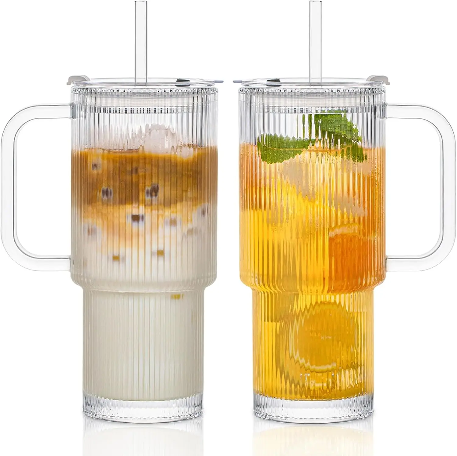 MHDCLY 16.9oz Leak Proof Ribbed Glass Tumbler with Lid & Straw Set of 2/4 Cute Glass Cup with Handle, Reusable Christmas Cup Gift for Sister, Mom, Friends, Dishwasher Safe cups,500ML