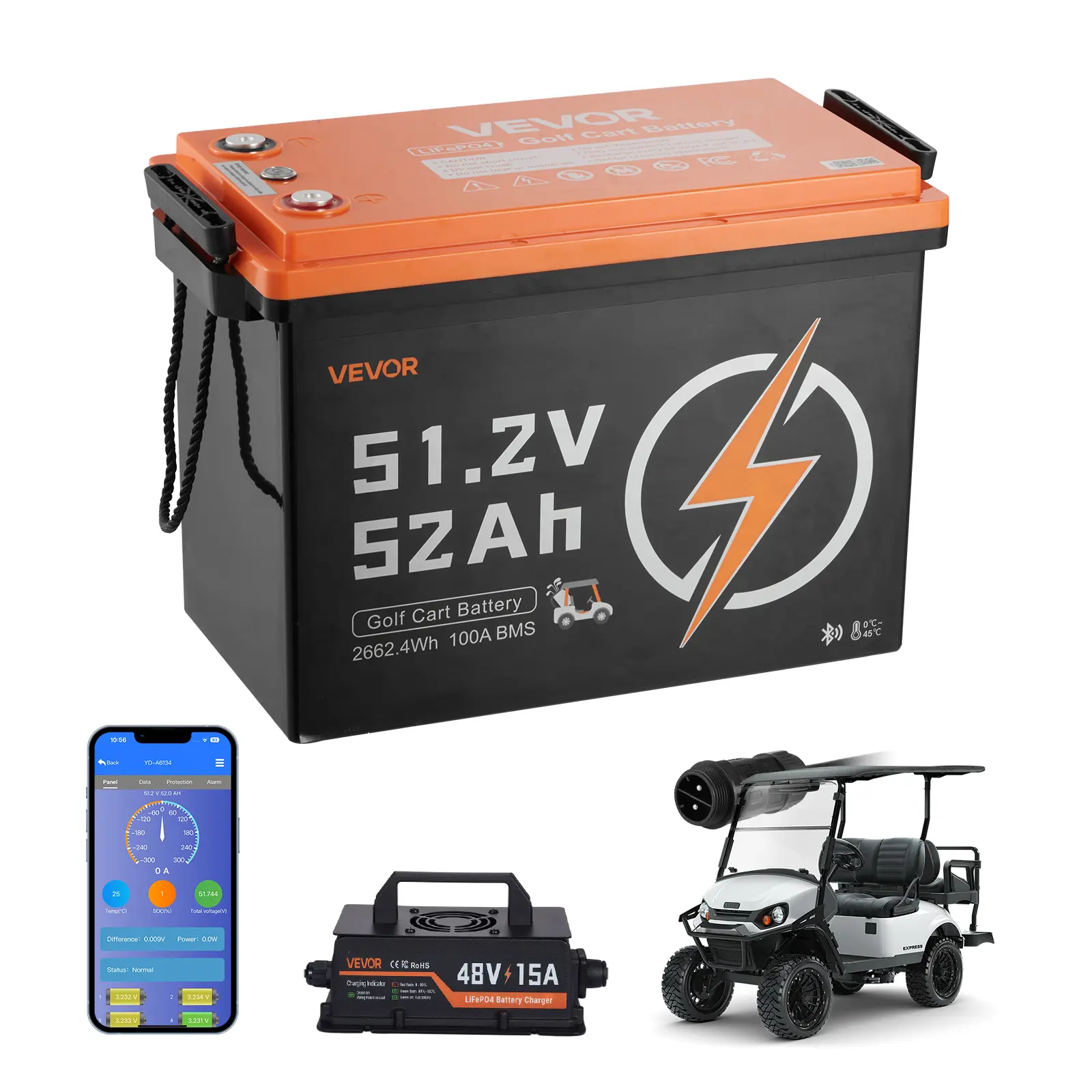 VEVOR 48V (51.2V) 52AH LiFePO4 Golf Cart Battery Kit, 15A Charger, Built-in 100A BMS, 100A Continuous Discharge, 150A Peak Current, 4000 Cycles, 2C Discharge Rate, Bluetooth & Mobile APP, 10-Year Lifespan, for Golf Carts, Deep Cycle Lithium, Durable Lithi
