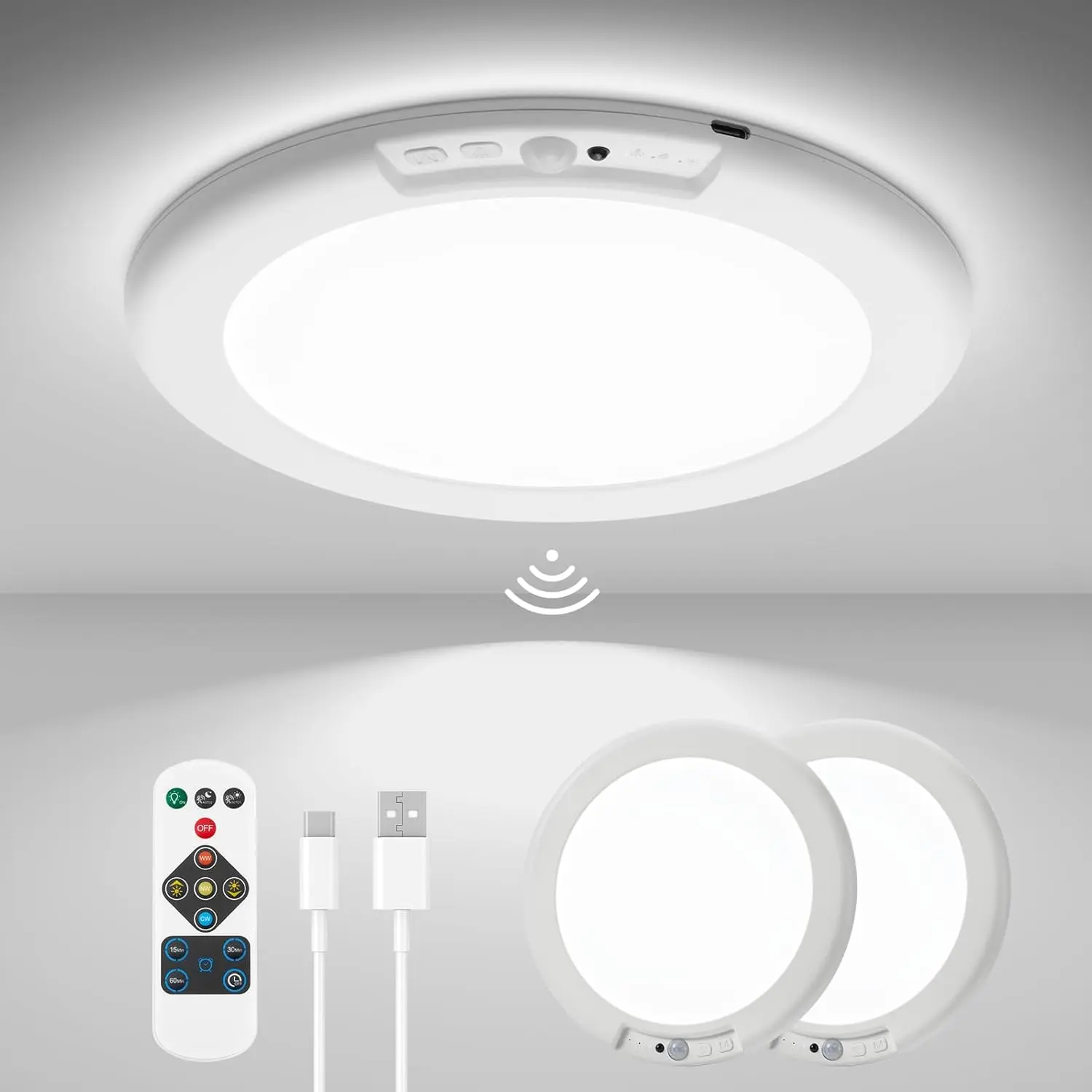 [summervibes]1/2Pcs Battery Operated Ceiling Lights Rechargeable Motion Sensor Light Indoor Wireless Shower Light with Remote 3000K 4500K 6500K 7.48in Dimmable Timing Motion Activated Lamp for Closet Shower