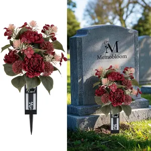 Red Cemetery Flowers for Grave: 2 Pcs Peony Grave Flower Bouquets for Cemetery Decorations - Spring Outdoor Gravesite Flowers with Vase for Mother's Day