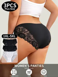 3/4 Pack Plus-Size Low-Waist Lace Triangle Panties – Sexy Hollow-Out Boho / College / Casual Style Everyday All-Season Valentine Gift