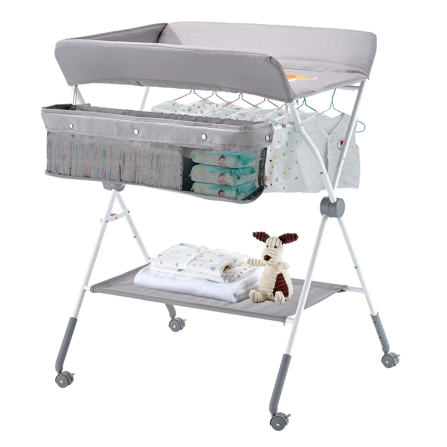 VEVOR Baby Changing Table, Foldable Diaper Change Station with Side Basket, Adjustable Height Portable Changing Table with Lockable Wheels, Multi-Functional Storage Organizer Nursery, Light Gray#BackToSchool