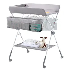 【FathersDayGift】VEVOR Baby Changing Table, Foldable Diaper Change Station with Side Basket, Adjustable Height Portable Changing Table with Lockable Wheels, Multi-Functional Storage Organizer Nursery, Light Gray
