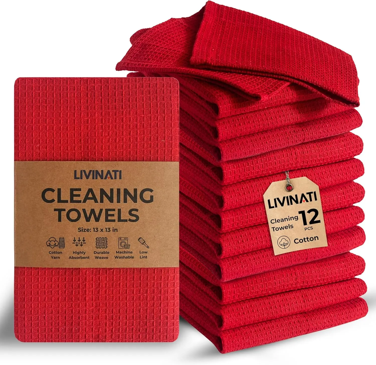Red Cotton Cleaning Rags for Housekeeping - Trapos Paños De Limpieza Reutilizables - Kitchen Bar Shop Towel Dish Mop Wash Cloth for House Dust - Reusable Washable Absorbent - 13"x13" 12 Pack