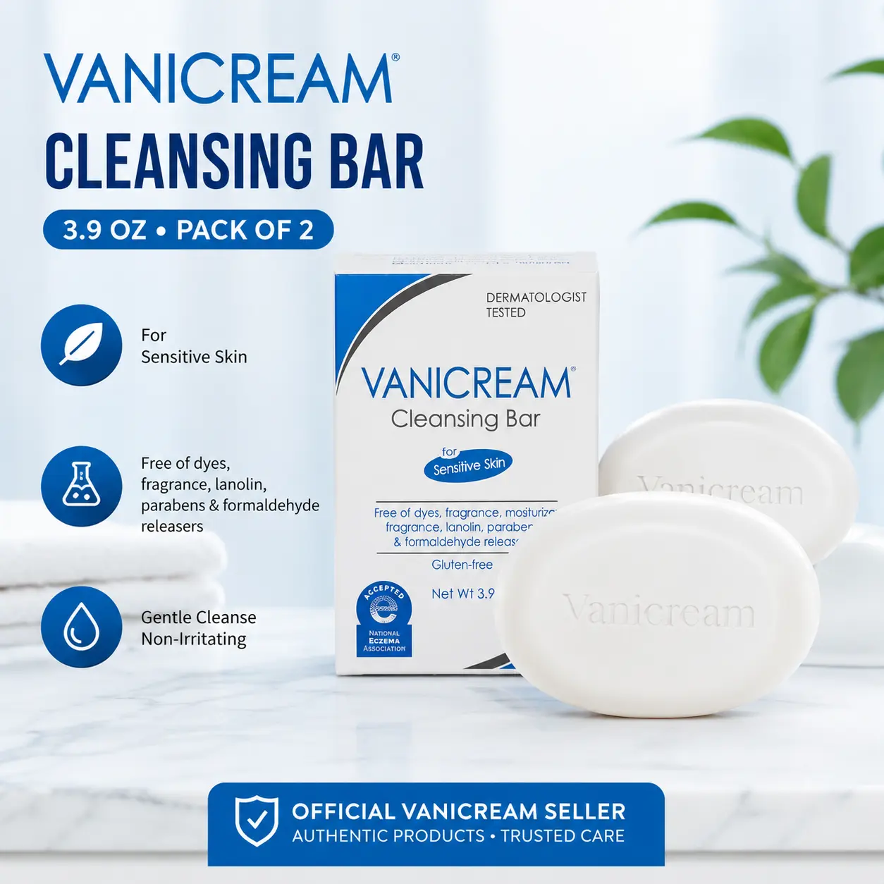 Vanicream Cleansing Bar for Sensitive Skin 3.9 oz (Pack of 2) | Fragrance-Free Gentle Cleanser