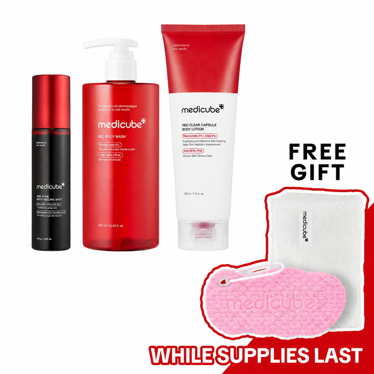 [medicube] Bye-Bye Bumps Red Body Set | Total Body Care | Cleanser & Wash & Lotion | For Stressed Back, Strawberry Legs, Body Bumps, Chicken Skin, Dead Skin Cells & Uneven Skin Tone | Smoothing, Low-Irritation, Daily Shower Routine | Korean Skincare