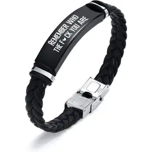 Leather Bracelet Sobriety Gifts for Men : Inspirational Quote/Bible Verse Engraved Braided Black Mens Bracelet for Him, Customized Religious Christian Gift Jewelry for Son/Dad/Boys/Boyfriend/Husband