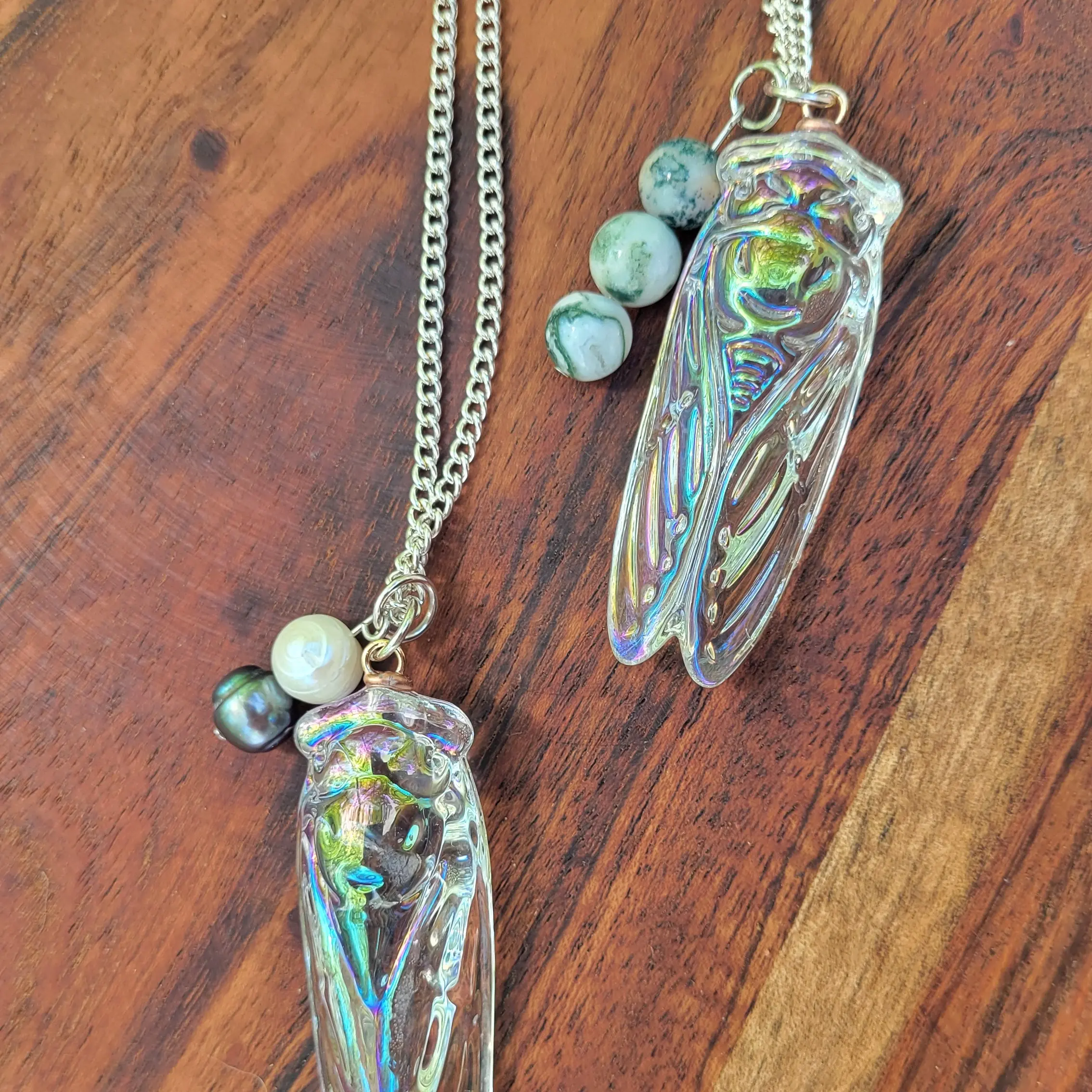 Iridescent glass cicada necklace (silver)