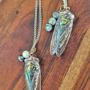 Iridescent glass cicada necklace (silver)