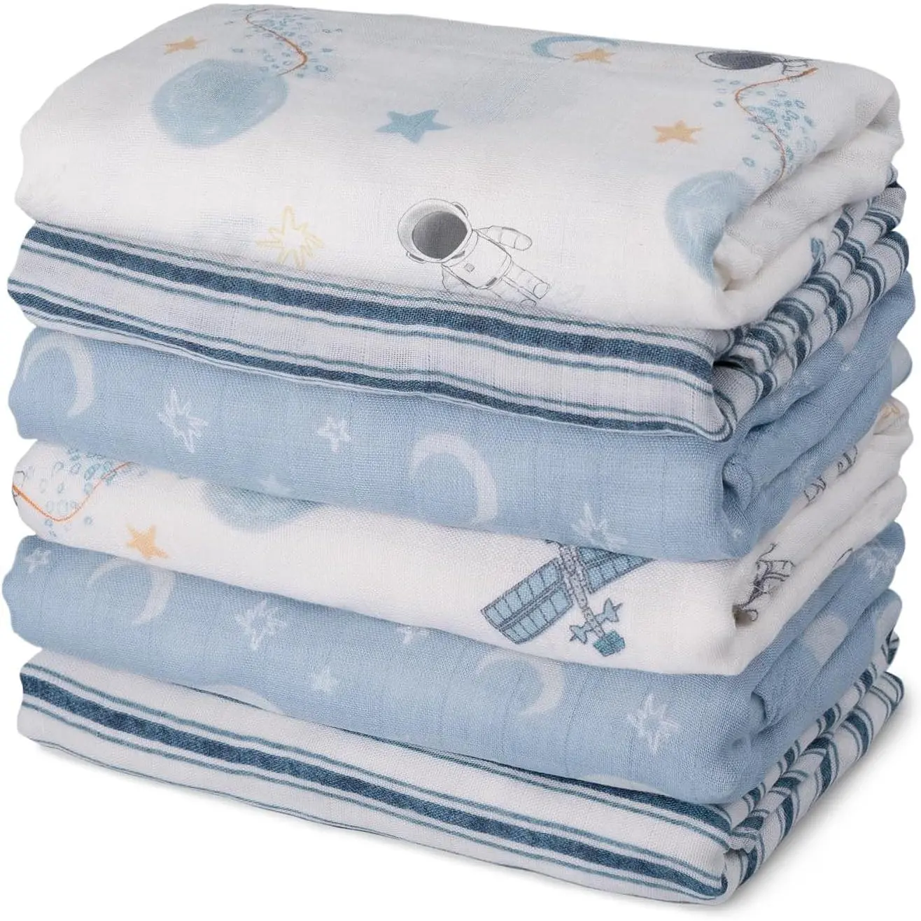 BABY Receiving Blanket Boy Cotton Muslin Swaddle Blankets Girl Newborn Squares Breathable & Soft Thin Baby Blankets Cloths Double Absorbent Infant Swaddling Wrap - 6 Pack (Blue Astronaut)