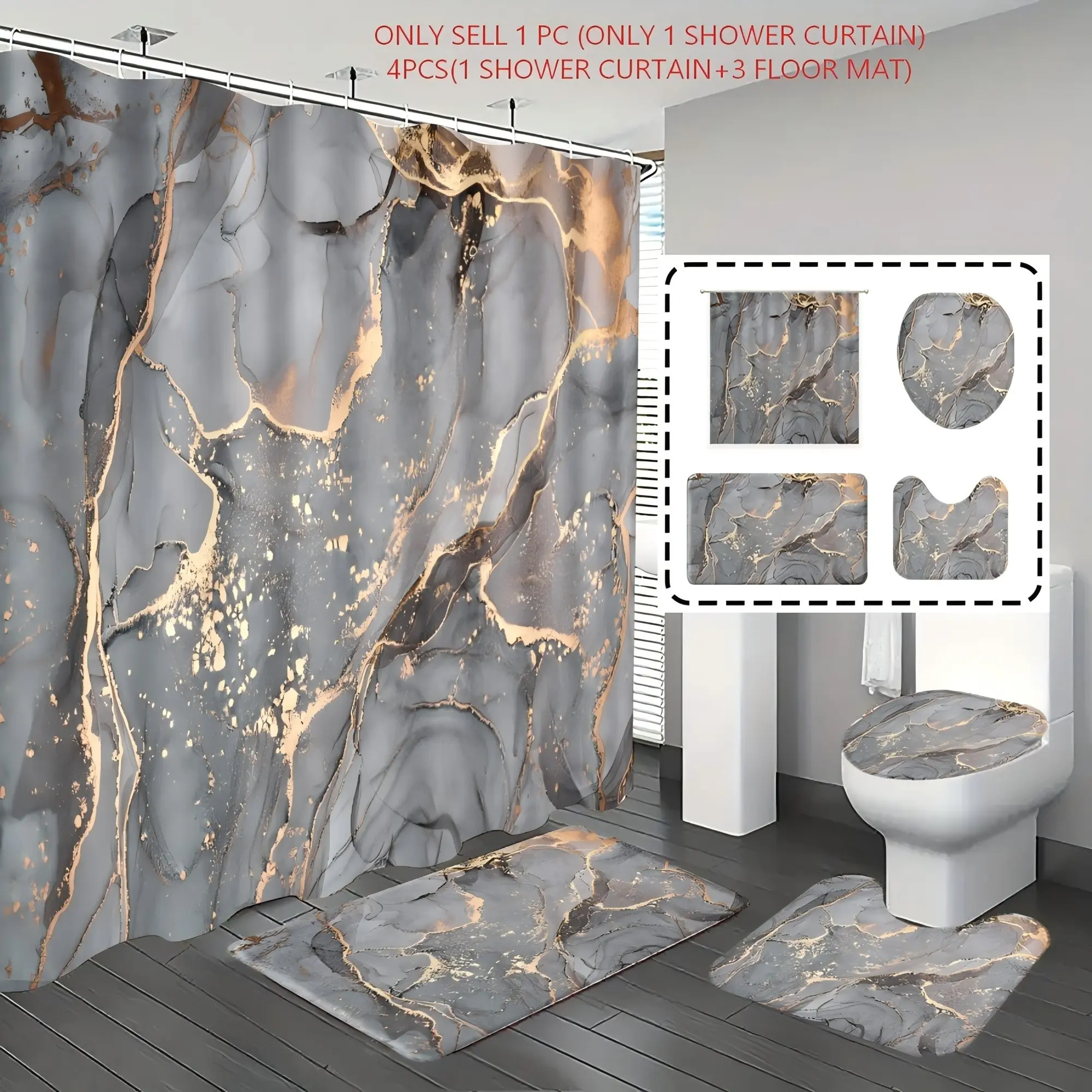 1pc/4pcs, Bathroom accessory, bathroom set, shower curtains, Boho Shower Curtain, bathroom decor, bathroom rug, bathroom mat, gray watercolor marble pattern, with 12 hooks