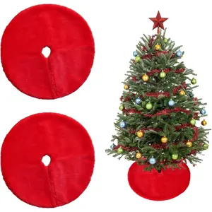 2 Pcs 15 Inch Red Plush Faux Fur Mini Christmas Tree Skirt for Xmas Tree Decorations