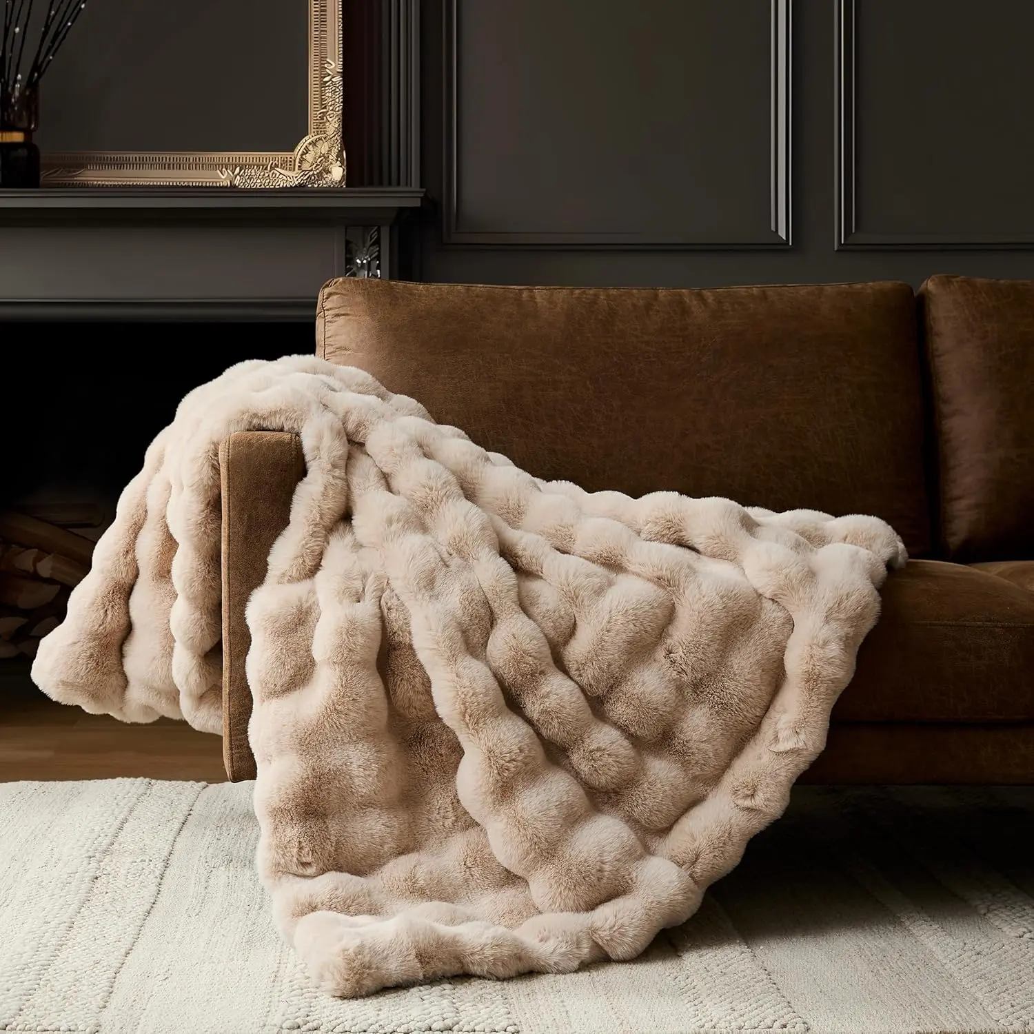 Luxury Bubble Throw Blanket, Faux   Plush Throw for Couch, Sofa and Bed, Soft Fluffy Fuzzy Furry Cozy Blanket, Thick and Warm, 50x60 inches, Beige Tan Taupe Camel, 950 GSM