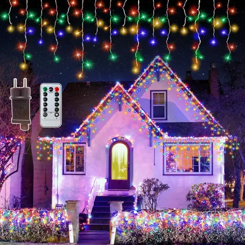 PEMOTech 50 FT 632-LED Multicolor Valentine Cascading Icicle Party Lights, Remote Control, 8 Modes Timer, Waterproof Connectable Outdoor Decorative Props for Christmas, Thanksgiving
