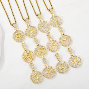 Zodiac Coin Necklace 12 Constellation Astrology Horoscope 14K Gold Plated Round Pendant Personalized Gift for Women Men