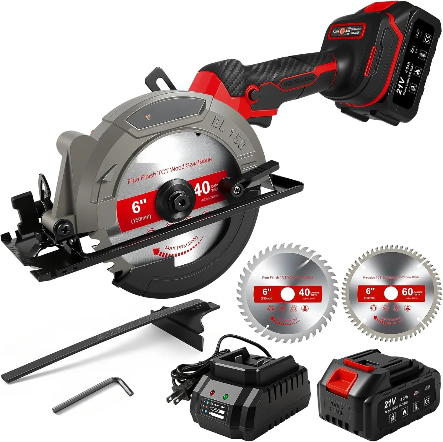 6" Cordless Mini Circular , 21V Compact  Circular , 4.0Ah , 5800RPM, Max Cut 2-1/6" (90), 1-1/4" (45),w/40T & 60T ,Fast Charger (1Hr),Applicable to , & Plastic