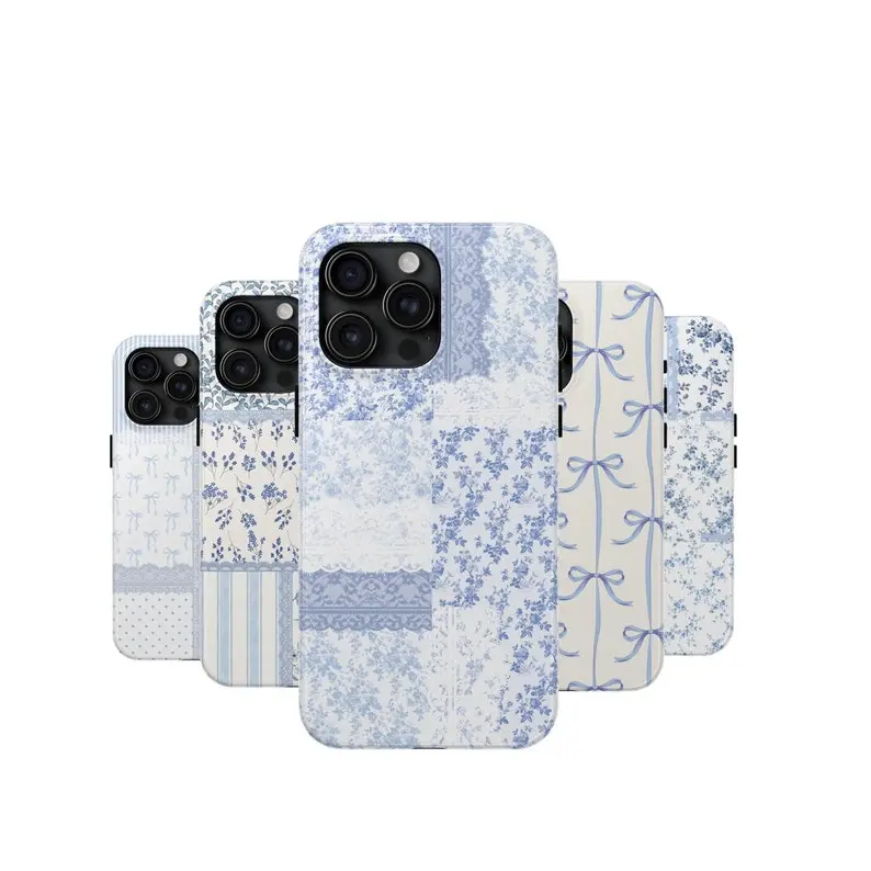 Pastel Blue Patchwork Rubber Smartphone Casing Collection - Glossy, Slim, Durable Cover with Toile, Bow, Cow Print, Floral, Lace Aesthetic, Wireless Resistance for iPhone 17 Pro Max Plus Air,16,15,14,13,12,11 Mobile Accessories, Cellphone, Protection