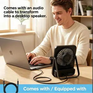 Cooling fan bluetooth speaker, desktop speaker fan, computer desktop fan, 3-speed wind speed, with audio cable, computer speaker, Silent cooling fan, quiet breeze, portable and space saving, suitable for laptops, games, homes, conferences, desktops